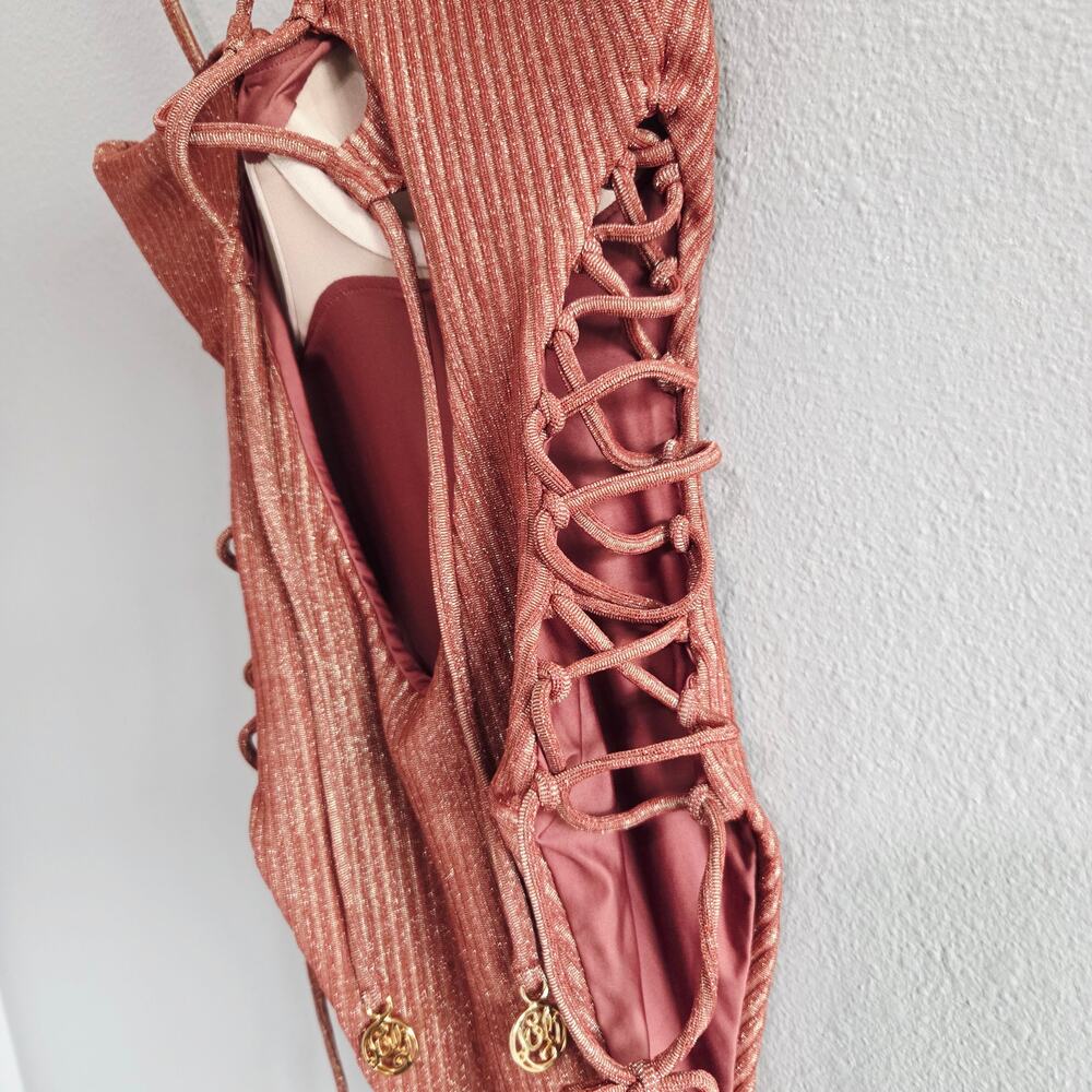 Luli Fama Squared Neck Laced Up One Piece Size XS Brown Gold NWT - Picture 5 of 10